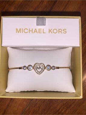 Michael Kors Gold Heart Logo Bracelet with Clear Crystals